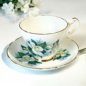 Vintage English Bone China Dogwood Blossom Tea Cup & Saucer White Floral